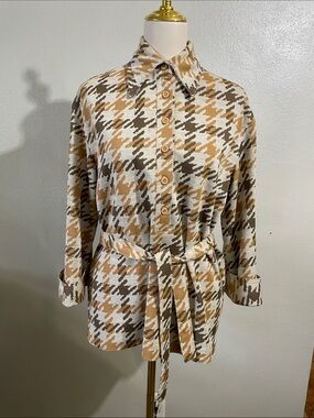 Vtg Jack Winter Belted Shirt L Tan Brown Abstract Print Long Sleeve Casual Retro
